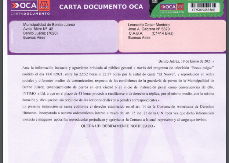El Municipio envió carta documento al conductor televisivo Leo Montero y la productora