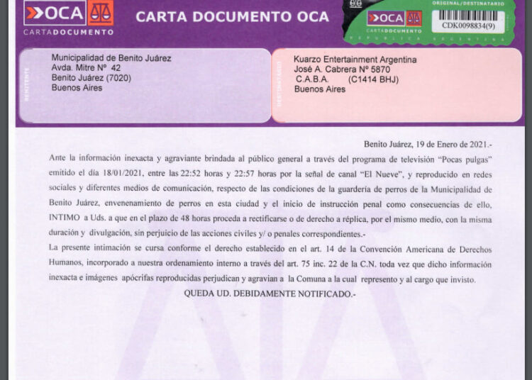 El Municipio envió carta documento al conductor televisivo Leo Montero y la productora