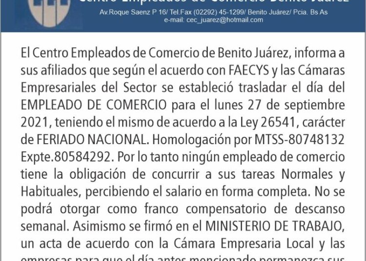 Se trasladó el Día del Empleado de Comercio para este lunes