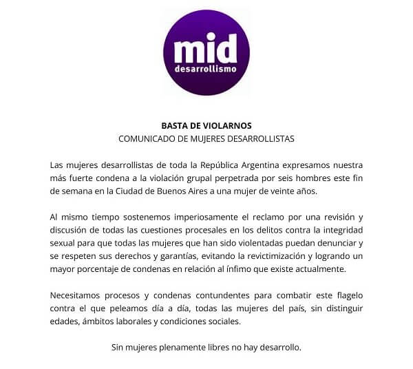 Basta de Violadores, Comunicado de Mujeres Desarrolllistas
