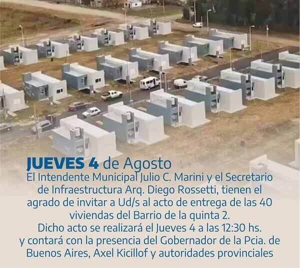 Con la presencia del Gobernador Kicillof se entregan hoy las 40 viviendas