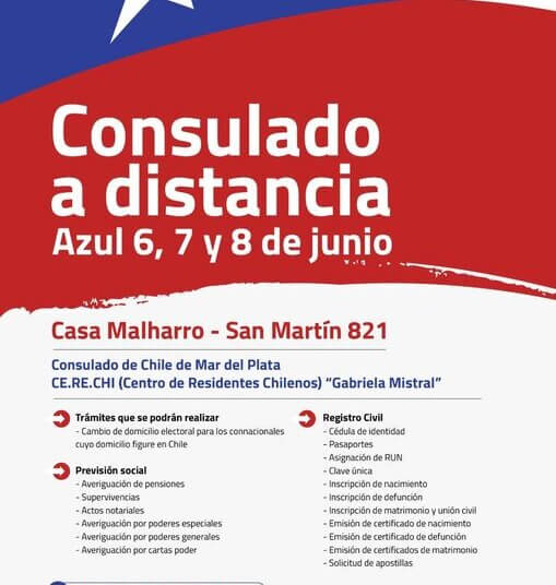 El Consulado de Chile de Mar del Plata estará el 6, 7 y 8 de junio en Azul