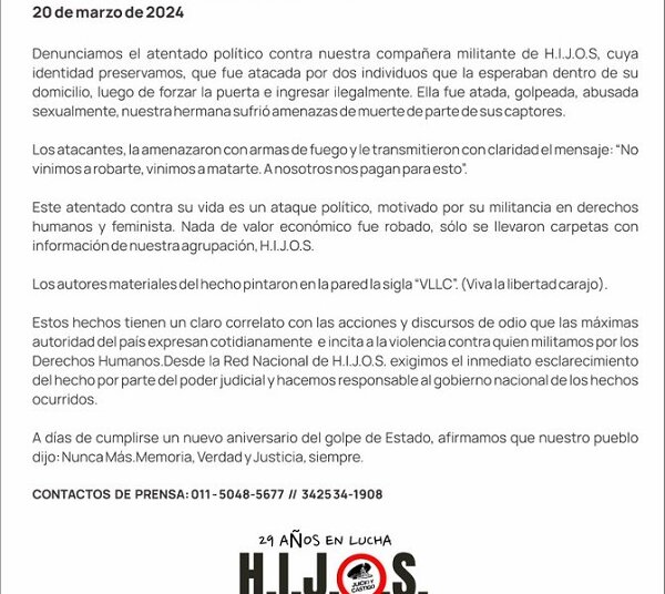 Hija de desaparecidos denunció haber sido atacada y violada por militantes de LLA