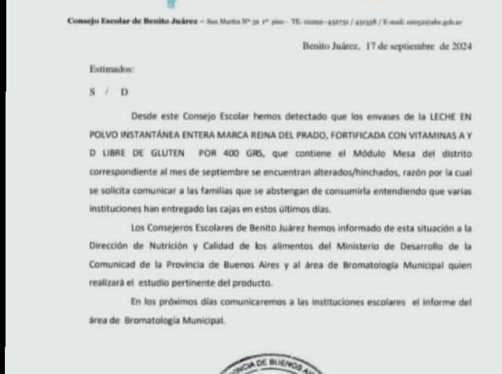 Desde el Concejo Escolar de Juárez, advierten no consumir la leche en polvo «Reina del Prado»