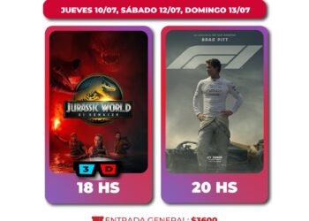 Este finde en la pantalla del Atilio Marinelli Jurassic World y F1 La Película