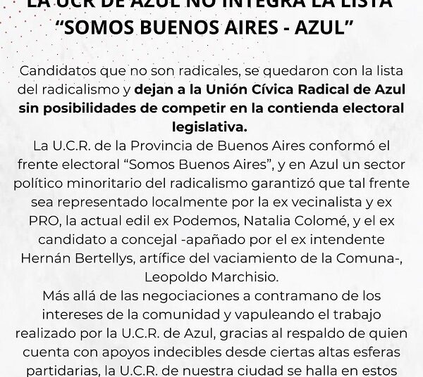 LA UCR DE AZUL NO INTEGRA LA LISTA DE “SOMOS BUENOS AIRES”