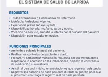 #Convocatoria 📍Personal de Enfermería para el Sistema de Salud de Laprida