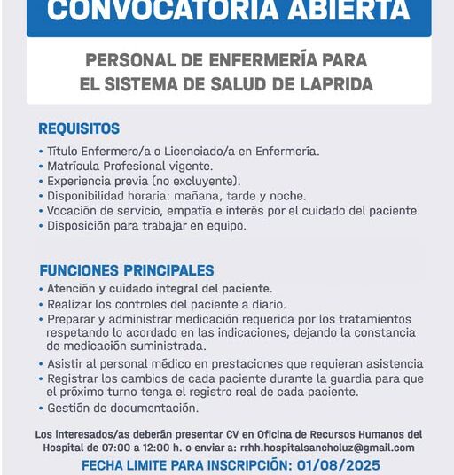 #Convocatoria 📍Personal de Enfermería para el Sistema de Salud de Laprida