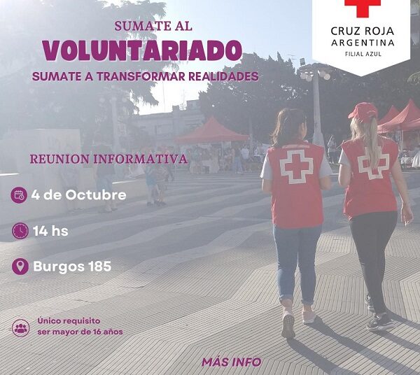 Cruz Roja Argentina – Filial Azul realizará una reunión informativa para todas las personas interesadas