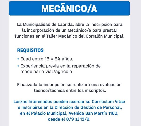 CONVOCATORIA ABIERTA Inscripción para la incorporación de un MECÁNICO/A